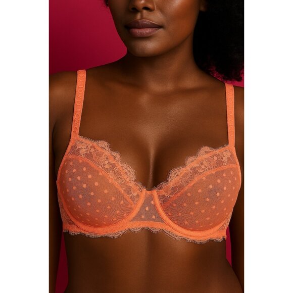 Victoria’s Secret Dream Angels 36C Bra Coral Lace Mesh Sheer Unlined Balconette - Picture 1 of 7
